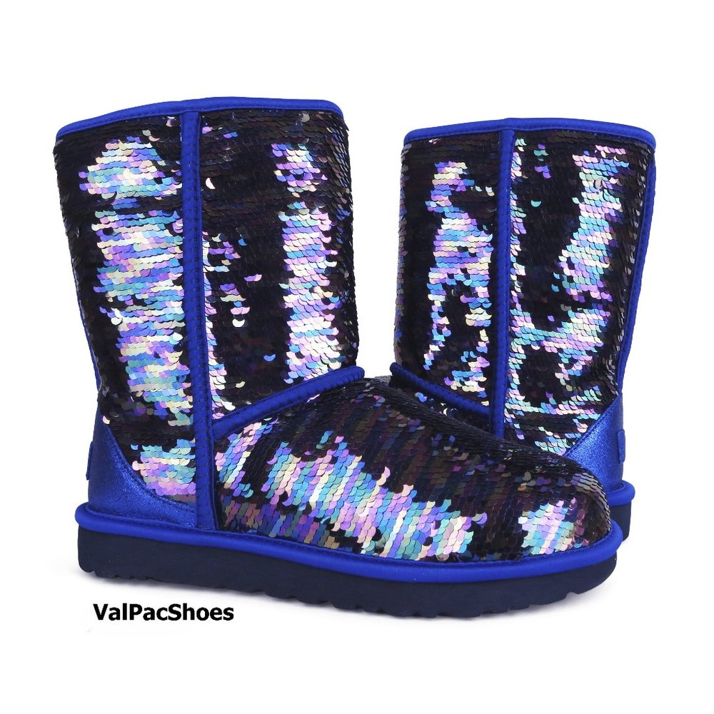 UGG Classic Short Sequin Navy Tonal Fur Boots NEW